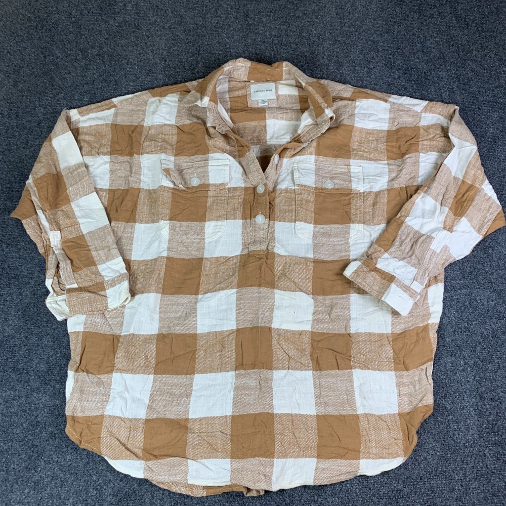 American Eagle Outfitters Shirt Womens Large Tan White Plaid Button Up Oversized